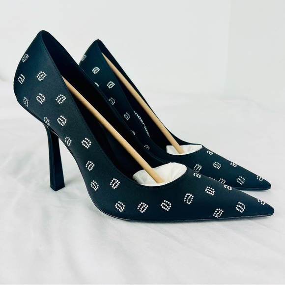 Alexander Wang Shoes - Alexander Wang Delphine Black Satin Crystal Logo Stiletto Pumps Heels 4” 39.5
